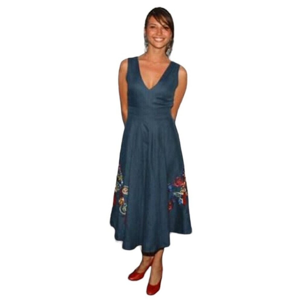 Cynthia Rowley Size 4 Linen Dress Scallop Embroidered Tassles‎ Garden Sleeveless
